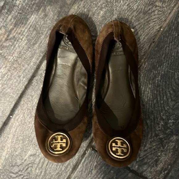 TORY BURCH Caroline Elastic Ballerina Flats brown suede ballet shoes - Picture 2 of 4